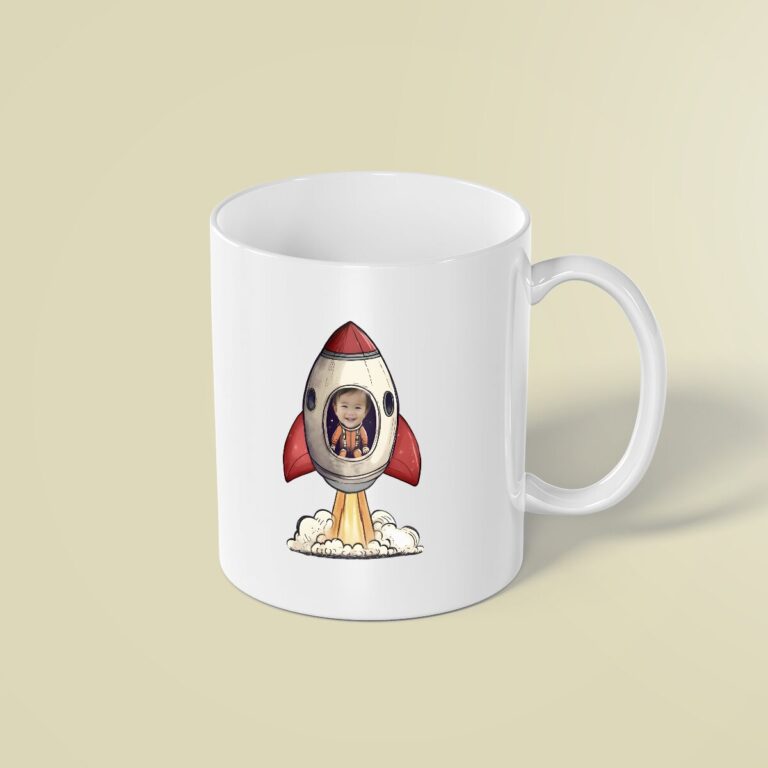 Custom Astronaut in a Launching Rocket Face Cutout – Mug Custom Astronaut in a Launching Rocket Face Cutout shown on a mug mockup