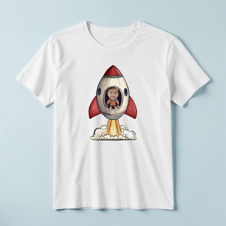 Custom Astronaut in a Launching Rocket Face Cutout – T-shirt Custom Astronaut in a Launching Rocket Face Cutout shown on a T-shirt mockup