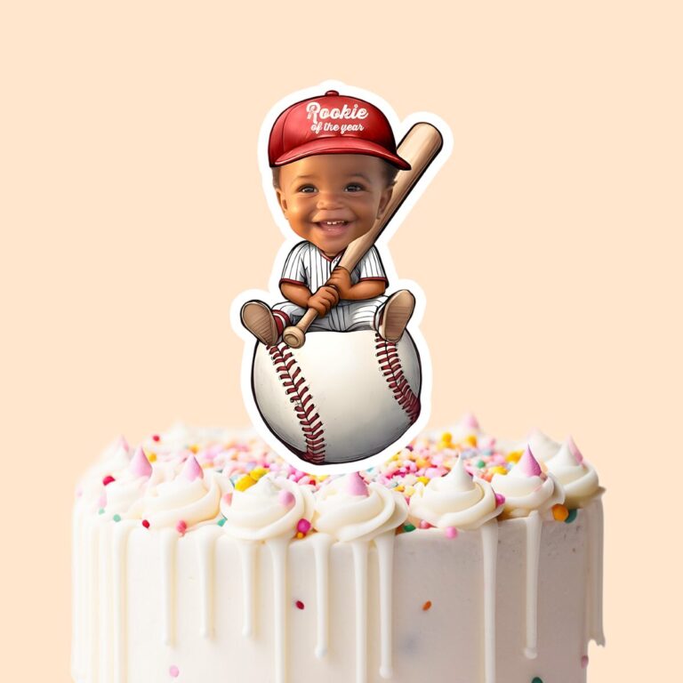 Custom Baseball Player Seated on a Giant Ball Face Cutout – Cake Topper Custom Baseball Player Seated on a Giant Ball Face Cutout shown on a cake topper mockup
