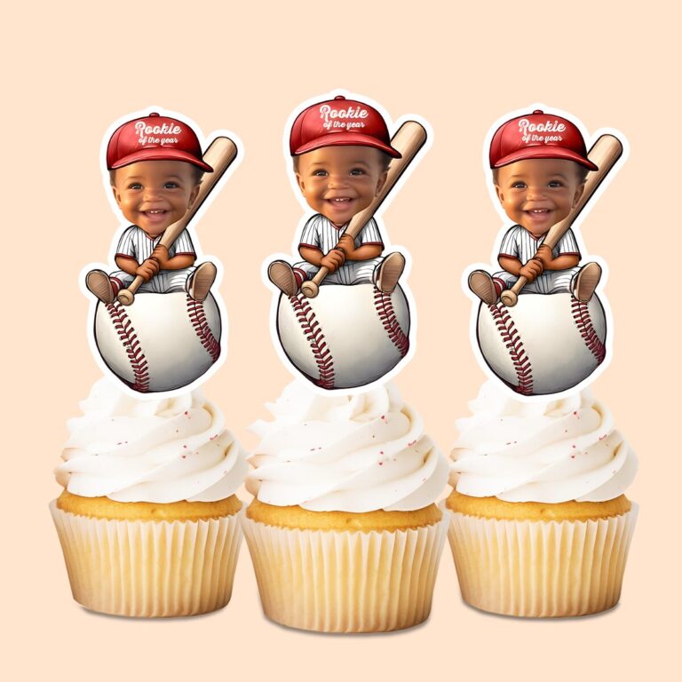 Custom Baseball Player Seated on a Giant Ball Face Cutout – Cupcake Topper Custom Baseball Player Seated on a Giant Ball Face Cutout shown on a cupcake topper mockup