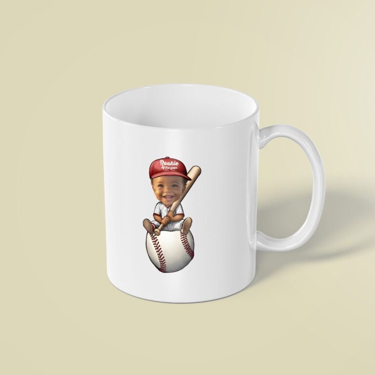 Custom Baseball Player Seated on a Giant Ball Face Cutout – Mug Custom Baseball Player Seated on a Giant Ball Face Cutout shown on a mug mockup