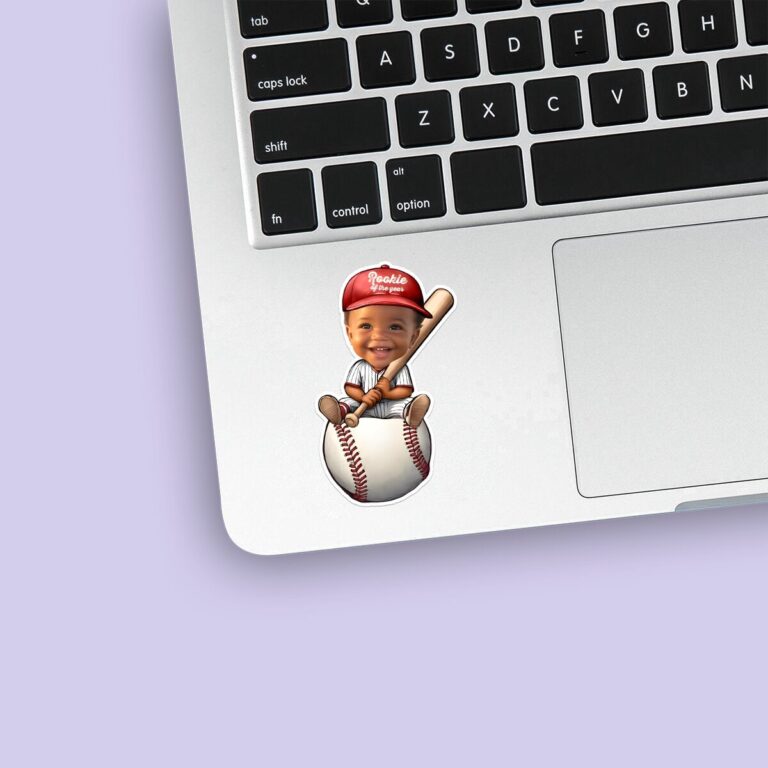 Custom Baseball Player Seated on a Giant Ball Face Cutout – Sticker Custom Baseball Player Seated on a Giant Ball Face Cutout shown on a sticker mockup