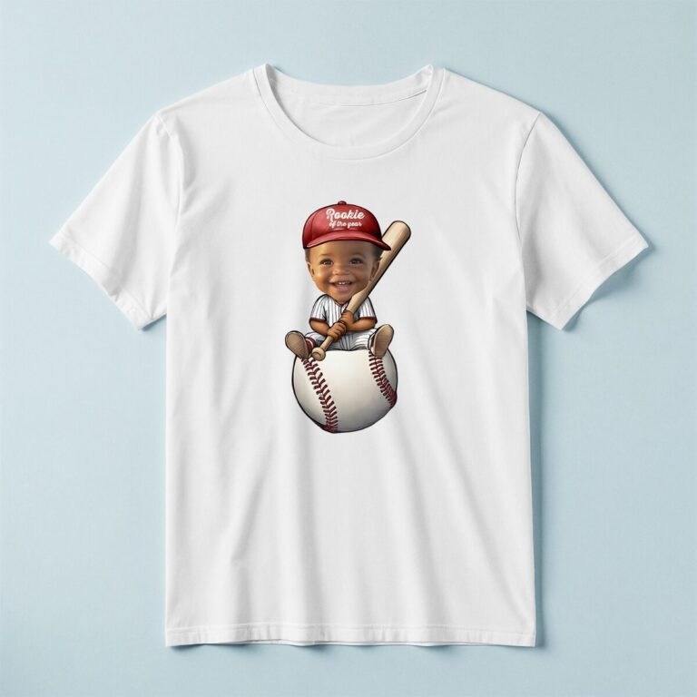 Custom Baseball Player Seated on a Giant Ball Face Cutout – T-shirt Custom Baseball Player Seated on a Giant Ball Face Cutout shown on a T-shirt mockup