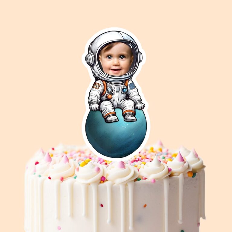 Custom Astronaut Seated on a Small Planet Face Cutout – Cake Topper Custom Astronaut Seated on a Small Planet Face Cutout shown on a cake topper mockup