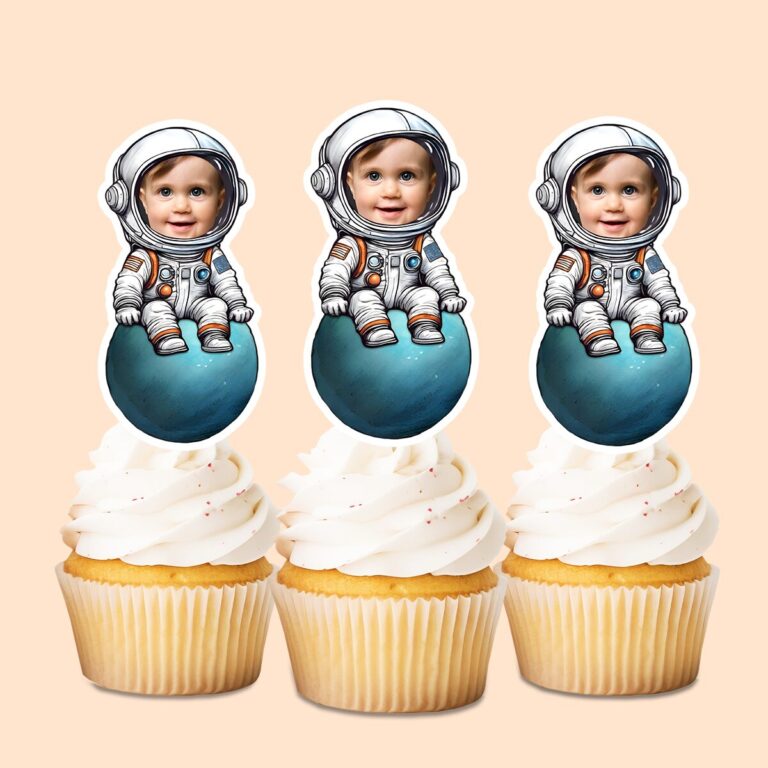Custom Astronaut Seated on a Small Planet Face Cutout – Cupcake Topper Custom Astronaut Seated on a Small Planet Face Cutout shown on a cupcake topper mockup