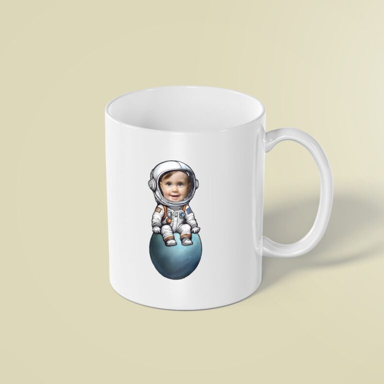 Custom Astronaut Seated on a Small Planet Face Cutout – Mug Custom Astronaut Seated on a Small Planet Face Cutout shown on a mug mockup