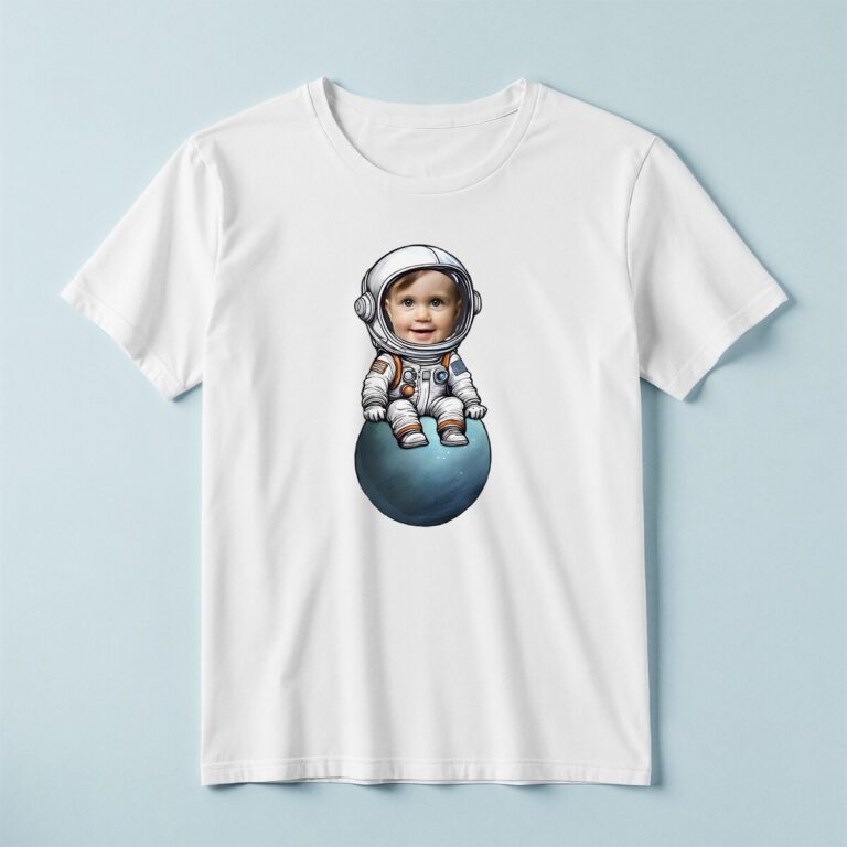 Custom Astronaut Seated on a Small Planet Face Cutout – T-shirt Custom Astronaut Seated on a Small Planet Face Cutout shown on a T-shirt mockup