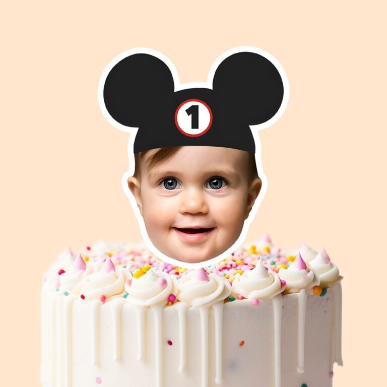 Custom Black Mouse-Ear Cap Portrait Face Cutout – Cake Topper Custom Black Mouse-Ear Cap Portrait Face Cutout shown on a cake topper mockup