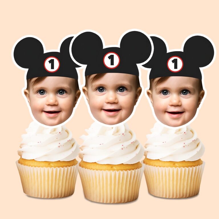 Custom Black Mouse-Ear Cap Portrait Face Cutout – Cupcake Topper Custom Black Mouse-Ear Cap Portrait Face Cutout shown on a cupcake topper mockup