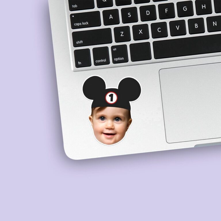 Custom Black Mouse-Ear Cap Portrait Face Cutout – Sticker Custom Black Mouse-Ear Cap Portrait Face Cutout shown on a sticker mockup