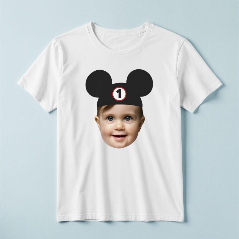 Custom Black Mouse-Ear Cap Portrait Face Cutout – T-shirt Custom Black Mouse-Ear Cap Portrait Face Cutout shown on a T-shirt mockup
