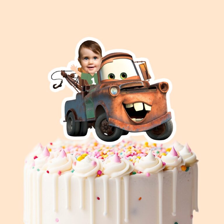 Custom Child Riding a Rusty Animated Tow Truck Face Cutout – Cake Topper Custom Child Riding a Rusty Animated Tow Truck Face Cutout shown on a cake topper mockup