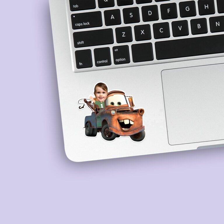 Custom Child Riding a Rusty Animated Tow Truck Face Cutout – Sticker Custom Child Riding a Rusty Animated Tow Truck Face Cutout shown on a sticker mockup