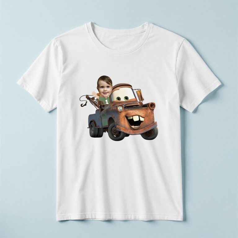Custom Child Riding a Rusty Animated Tow Truck Face Cutout – T-shirt Custom Child Riding a Rusty Animated Tow Truck Face Cutout shown on a T-shirt mockup