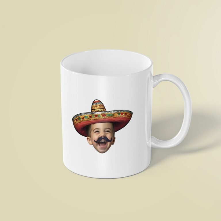 Custom Fiesta Sombrero and Mustache Portrait Face Cutout – Mug Custom Fiesta Sombrero and Mustache Portrait Face Cutout shown on a mug mockup