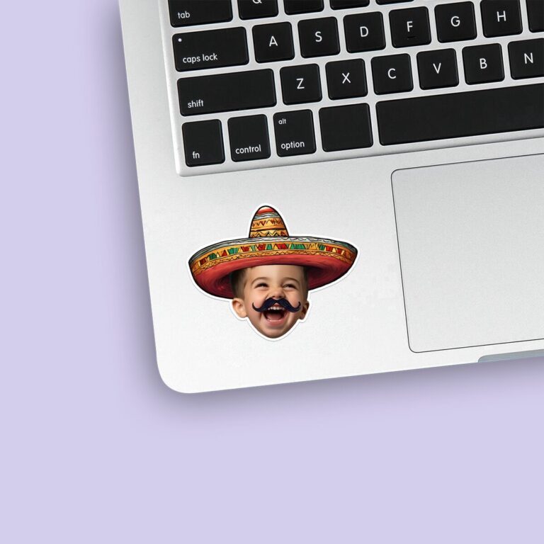 Custom Fiesta Sombrero and Mustache Portrait Face Cutout – Sticker Custom Fiesta Sombrero and Mustache Portrait Face Cutout shown on a sticker mockup