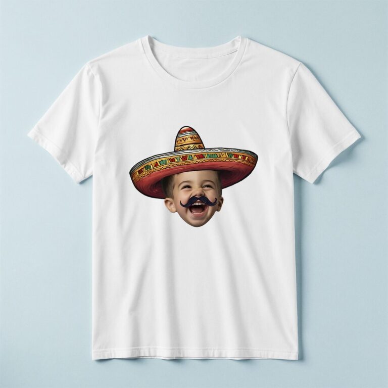 Custom Fiesta Sombrero and Mustache Portrait Face Cutout – T-shirt Custom Fiesta Sombrero and Mustache Portrait Face Cutout shown on a T-shirt mockup