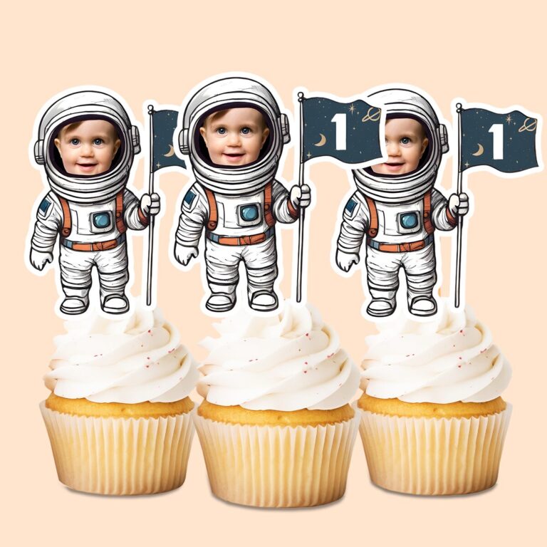 Custom Astronaut Holding a Number 1 Flag Face Cutout – Cupcake Topper Custom Astronaut Holding a Number 1 Flag Face Cutout shown on a cupcake topper mockup