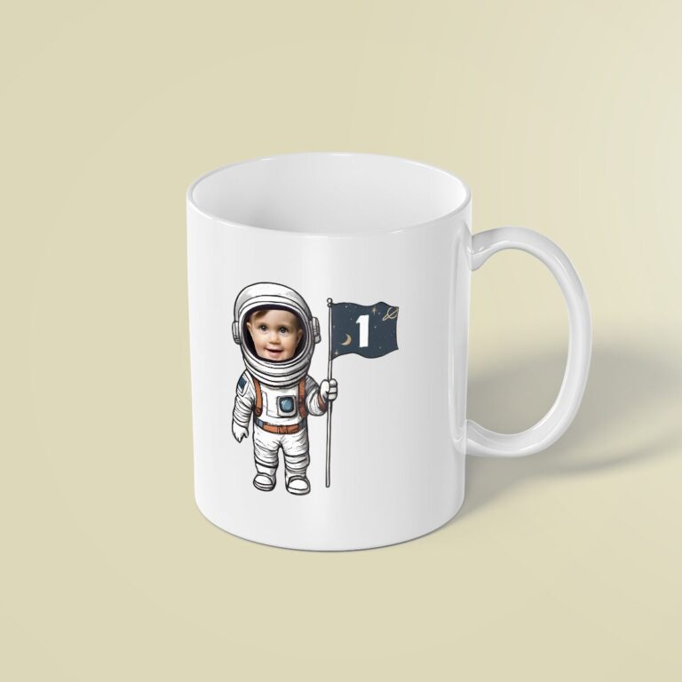 Custom Astronaut Holding a Number 1 Flag Face Cutout – Mug Custom Astronaut Holding a Number 1 Flag Face Cutout shown on a mug mockup