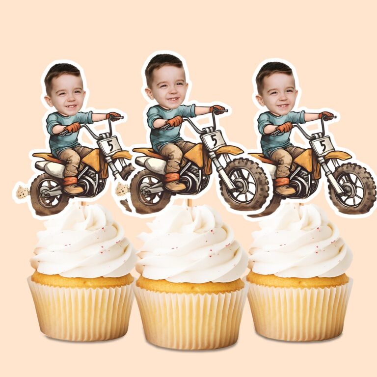 Custom Dirt-Bike Rider Face Cutout – Cupcake Topper Custom Dirt-Bike Rider Face Cutout shown on a cupcake topper mockup