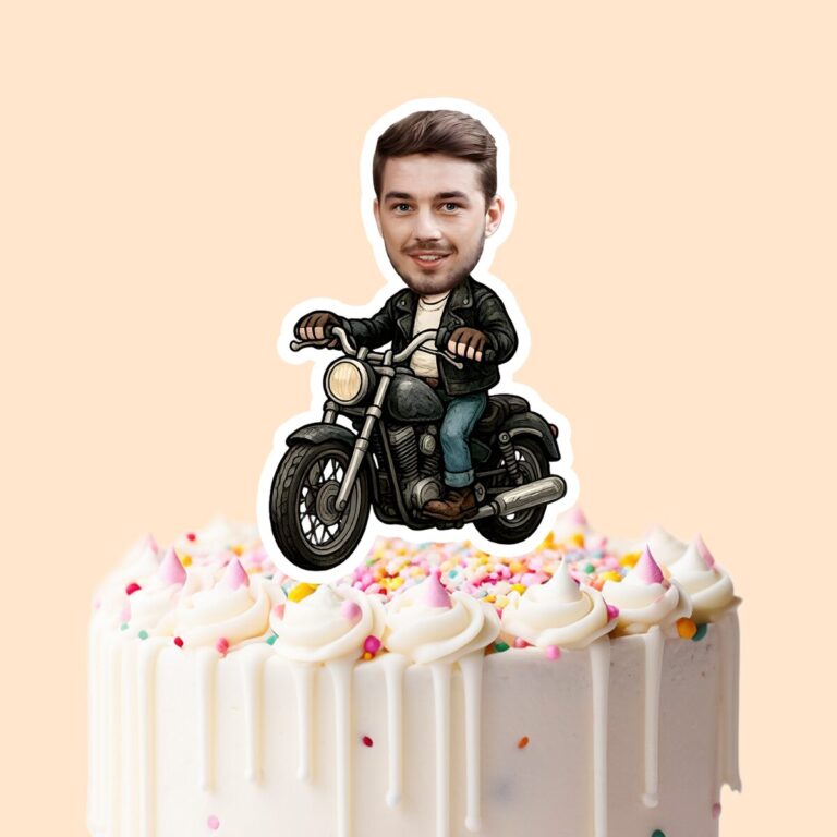 Custom Rider on a Classic Black Motorcycle Face Cutout – Cake Topper Custom Rider on a Classic Black Motorcycle Face Cutout shown on a cake topper mockup