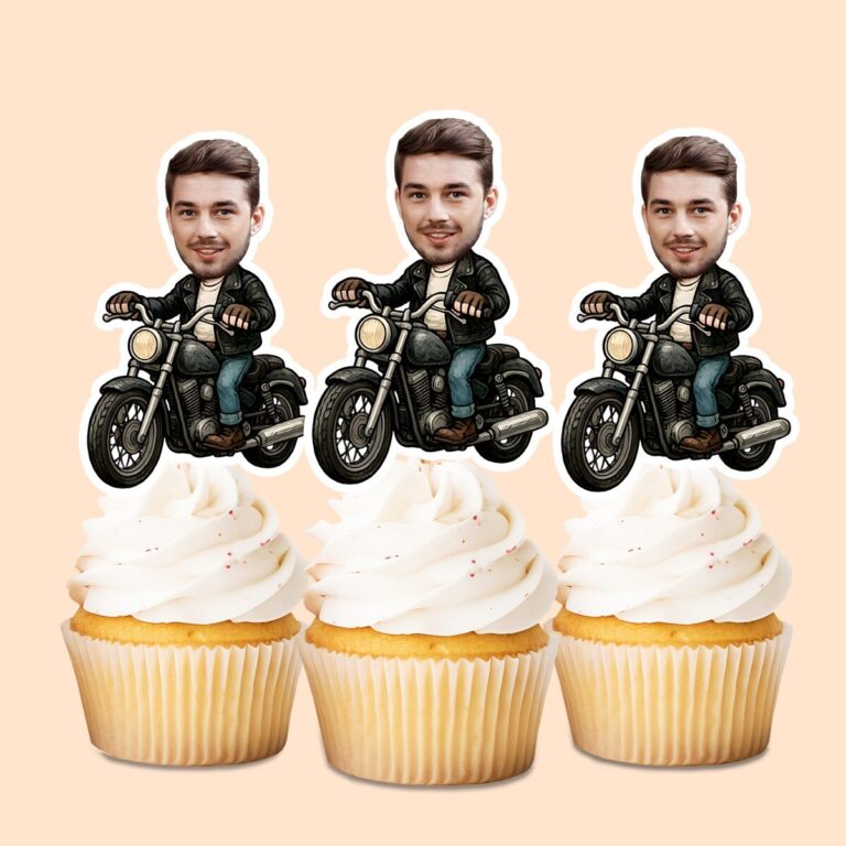 Custom Rider on a Classic Black Motorcycle Face Cutout – Cupcake Topper Custom Rider on a Classic Black Motorcycle Face Cutout shown on a cupcake topper mockup