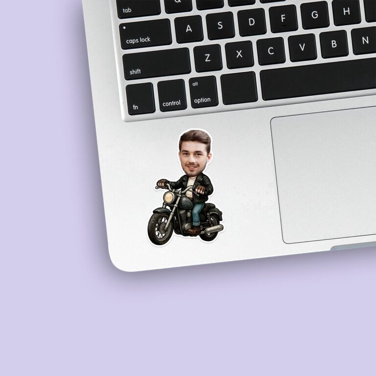 Custom Rider on a Classic Black Motorcycle Face Cutout – Sticker Custom Rider on a Classic Black Motorcycle Face Cutout shown on a sticker mockup