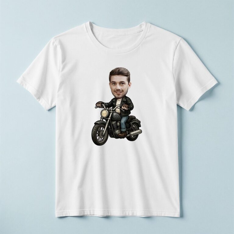 Custom Rider on a Classic Black Motorcycle Face Cutout – T-shirt Custom Rider on a Classic Black Motorcycle Face Cutout shown on a T-shirt mockup