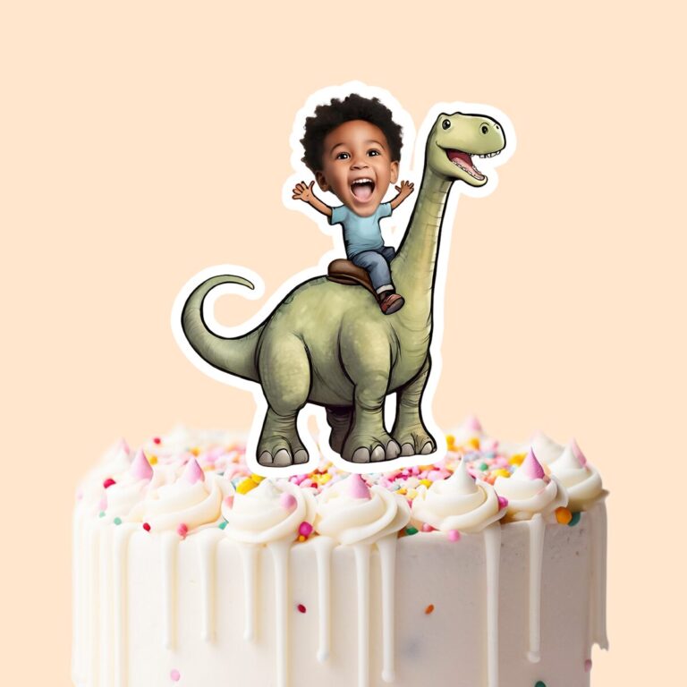 Custom Child Riding a Pale Green Long-Neck Face Cutout – Cake Topper Custom Child Riding a Pale Green Long-Neck Face Cutout shown on a cake topper mockup