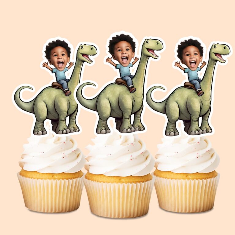 Custom Child Riding a Pale Green Long-Neck Face Cutout – Cupcake Topper Custom Child Riding a Pale Green Long-Neck Face Cutout shown on a cupcake topper mockup
