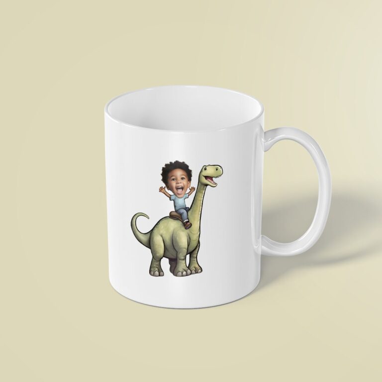 Custom Child Riding a Pale Green Long-Neck Face Cutout – Mug Custom Child Riding a Pale Green Long-Neck Face Cutout shown on a mug mockup