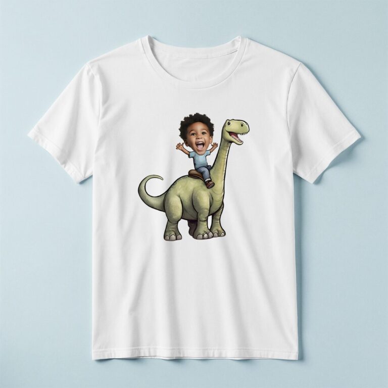 Custom Child Riding a Pale Green Long-Neck Face Cutout – T-shirt Custom Child Riding a Pale Green Long-Neck Face Cutout shown on a T-shirt mockup