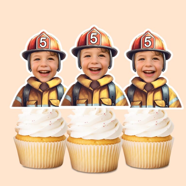 Custom Firefighter Portrait Face Cutout – Cupcake Topper Custom Firefighter Portrait Face Cutout shown on a cupcake topper mockup