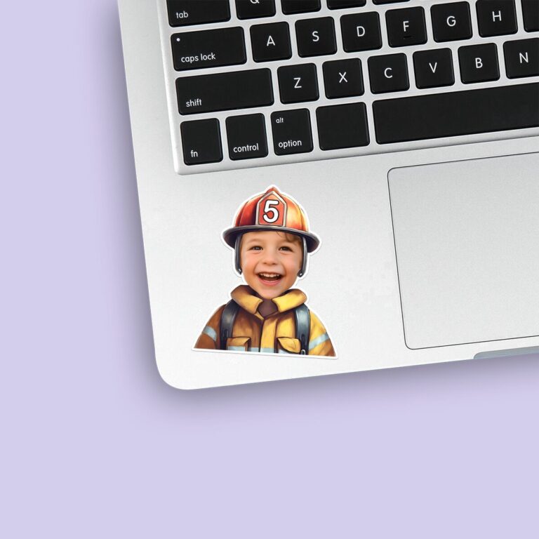 Custom Firefighter Portrait Face Cutout – Sticker Custom Firefighter Portrait Face Cutout shown on a sticker mockup