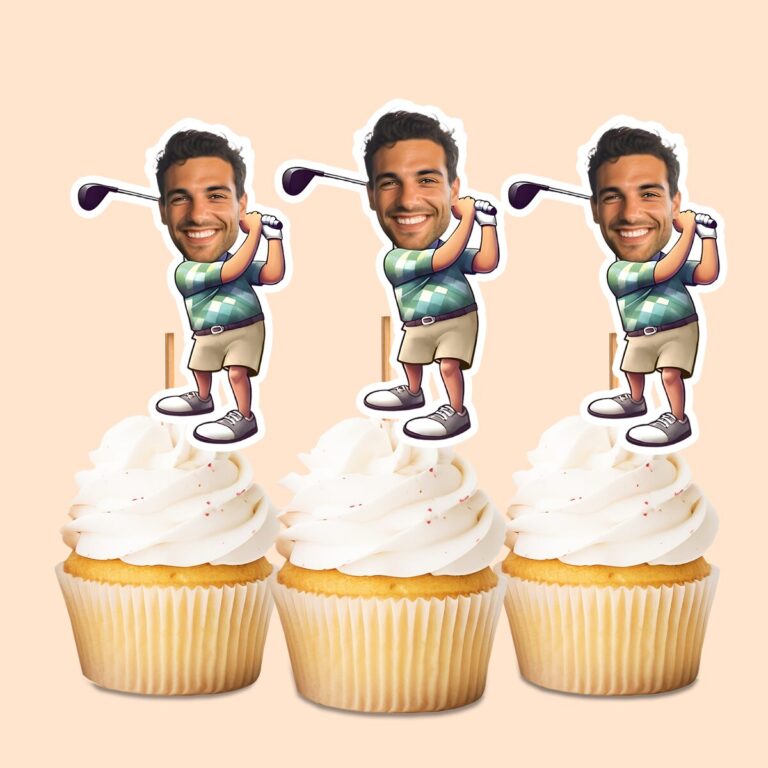 Custom Golfer Swing Green Striped Polo Face Cutout – Cupcake Topper Custom Golfer Swing Green Striped Polo Face Cutout shown on a cupcake topper mockup