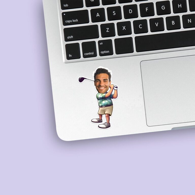 Custom Golfer Swing Green Striped Polo Face Cutout – Sticker Custom Golfer Swing Green Striped Polo Face Cutout shown on a sticker mockup