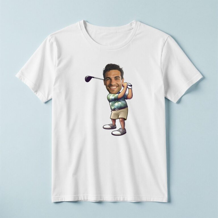 Custom Golfer Swing Green Striped Polo Face Cutout – T-shirt Custom Golfer Swing Green Striped Polo Face Cutout shown on a T-shirt mockup