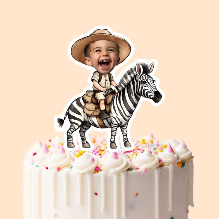Custom Zebra Safari Explorer Tan Safari Hat Face Cutout – Cake Topper Custom Zebra Safari Explorer Tan Safari Hat Face Cutout shown on a cake topper mockup