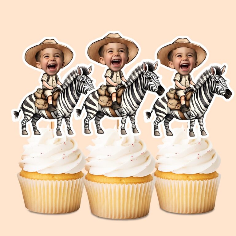 Custom Zebra Safari Explorer Tan Safari Hat Face Cutout – Cupcake Topper Custom Zebra Safari Explorer Tan Safari Hat Face Cutout shown on a cupcake topper mockup