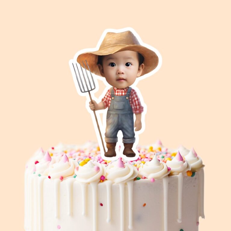 Custom Farmer Holding Standing Upright Face Cutout – Cake Topper Custom Farmer Holding Standing Upright Face Cutout shown on a cake topper mockup