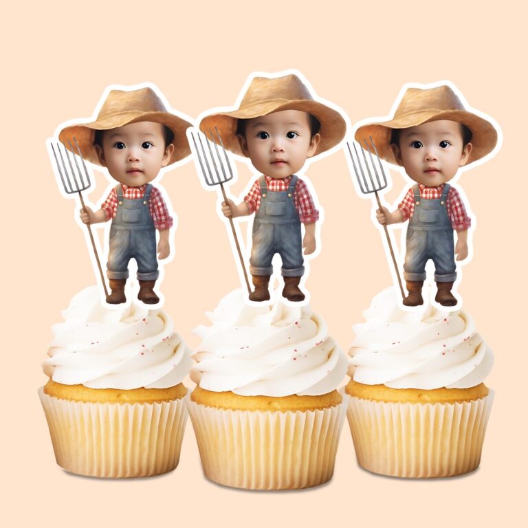 Custom Farmer Holding Standing Upright Face Cutout – Cupcake Topper Custom Farmer Holding Standing Upright Face Cutout shown on a cupcake topper mockup