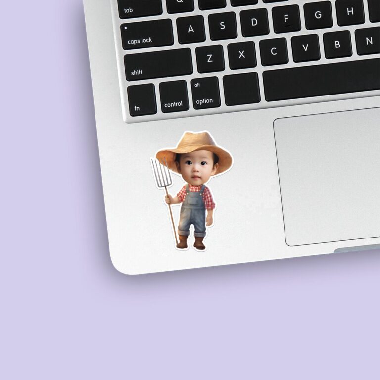 Custom Farmer Holding Standing Upright Face Cutout – Sticker Custom Farmer Holding Standing Upright Face Cutout shown on a sticker mockup