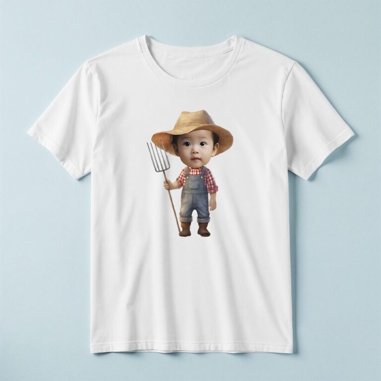 Custom Farmer Holding Standing Upright Face Cutout – T-shirt Custom Farmer Holding Standing Upright Face Cutout shown on a T-shirt mockup