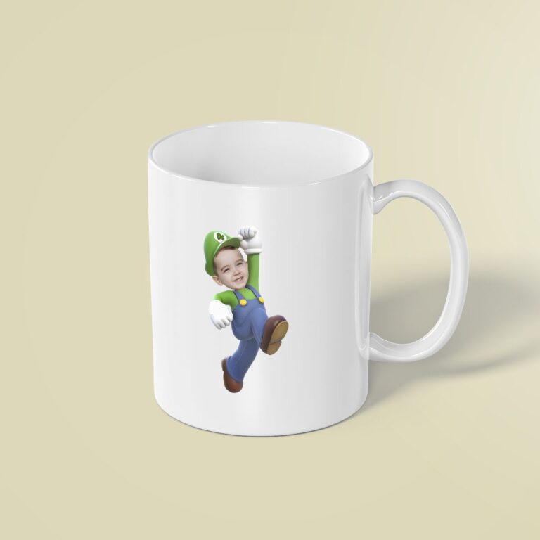 Custom Green-Capped Game Hero Jumping Face Cutout – Mug Custom Green-Capped Game Hero Jumping Face Cutout shown on a mug mockup