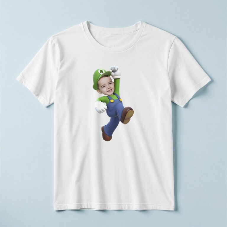 Custom Green-Capped Game Hero Jumping Face Cutout – T-shirt Custom Green-Capped Game Hero Jumping Face Cutout shown on a T-shirt mockup