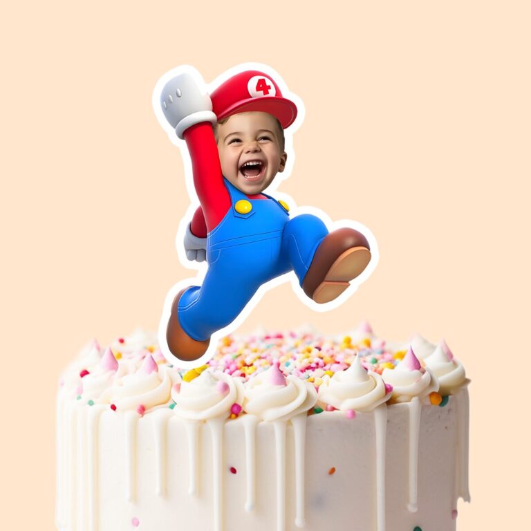 Custom Red-Capped Game Hero Jumping Face Cutout – Cake Topper Custom Red-Capped Game Hero Jumping Face Cutout shown on a cake topper mockup