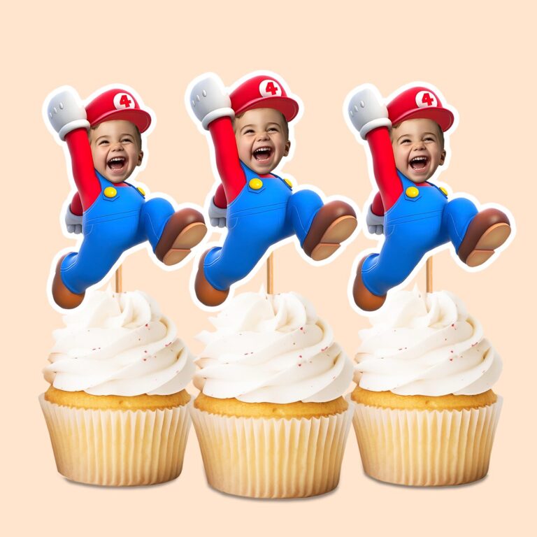 Custom Red-Capped Game Hero Jumping Face Cutout – Cupcake Topper Custom Red-Capped Game Hero Jumping Face Cutout shown on a cupcake topper mockup