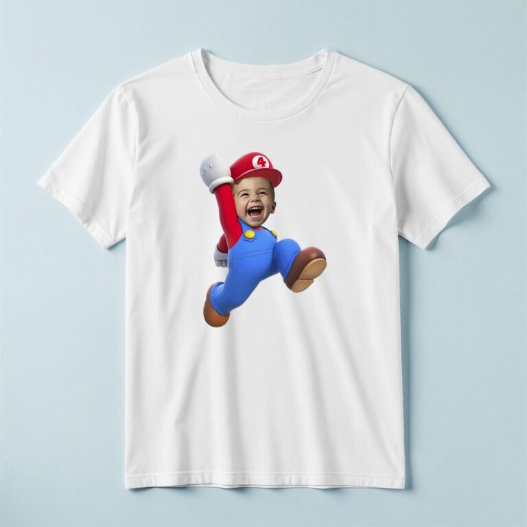 Custom Red-Capped Game Hero Jumping Face Cutout – T-shirt Custom Red-Capped Game Hero Jumping Face Cutout shown on a T-shirt mockup
