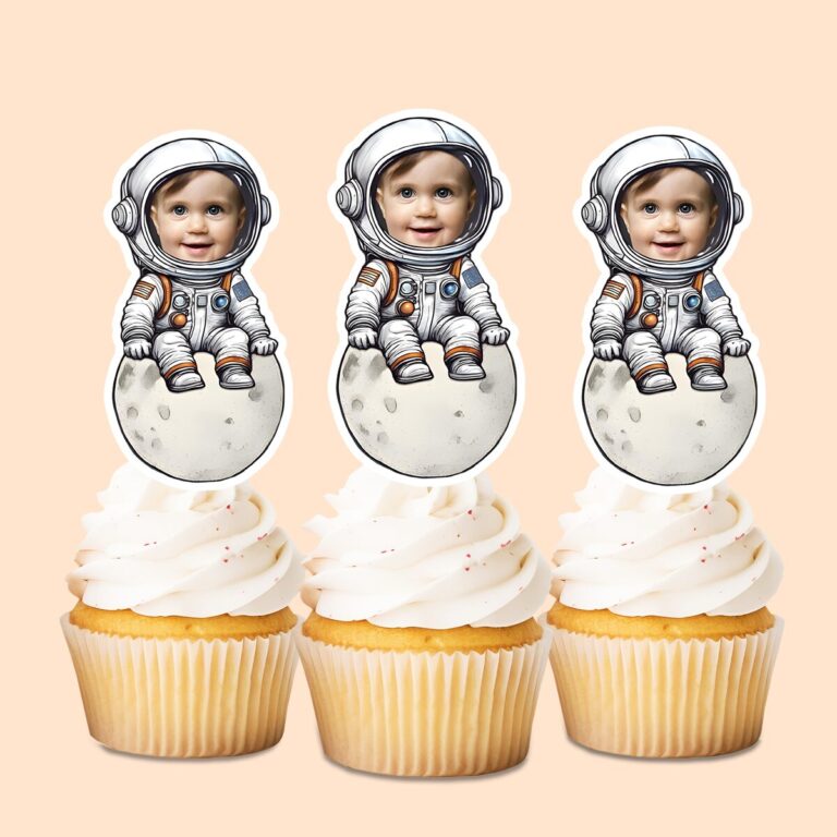 Custom Astronaut Seated on the Moon Face Cutout – Cupcake Topper Custom Astronaut Seated on the Moon Face Cutout shown on a cupcake topper mockup