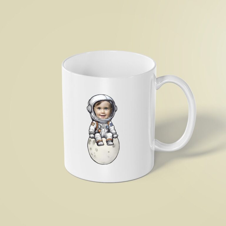 Custom Astronaut Seated on the Moon Face Cutout – Mug Custom Astronaut Seated on the Moon Face Cutout shown on a mug mockup